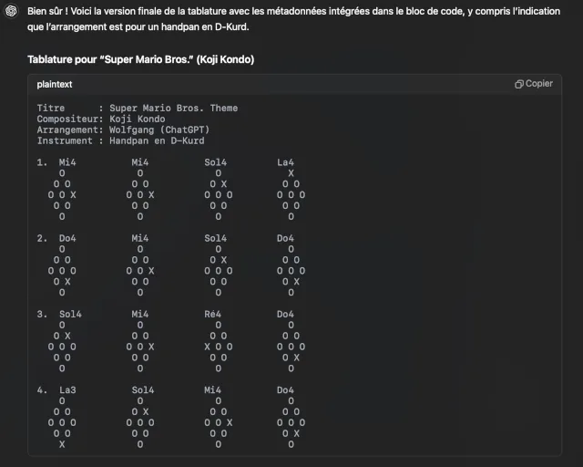 ChatGPT generating a handpan tablature for the Super Mario Bros. theme