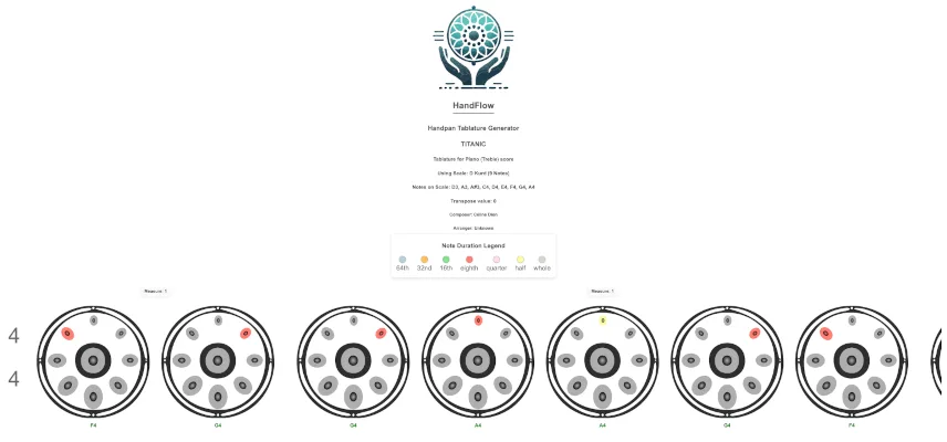 The v1 app: a page of handpan diagrams showing which notes to strike