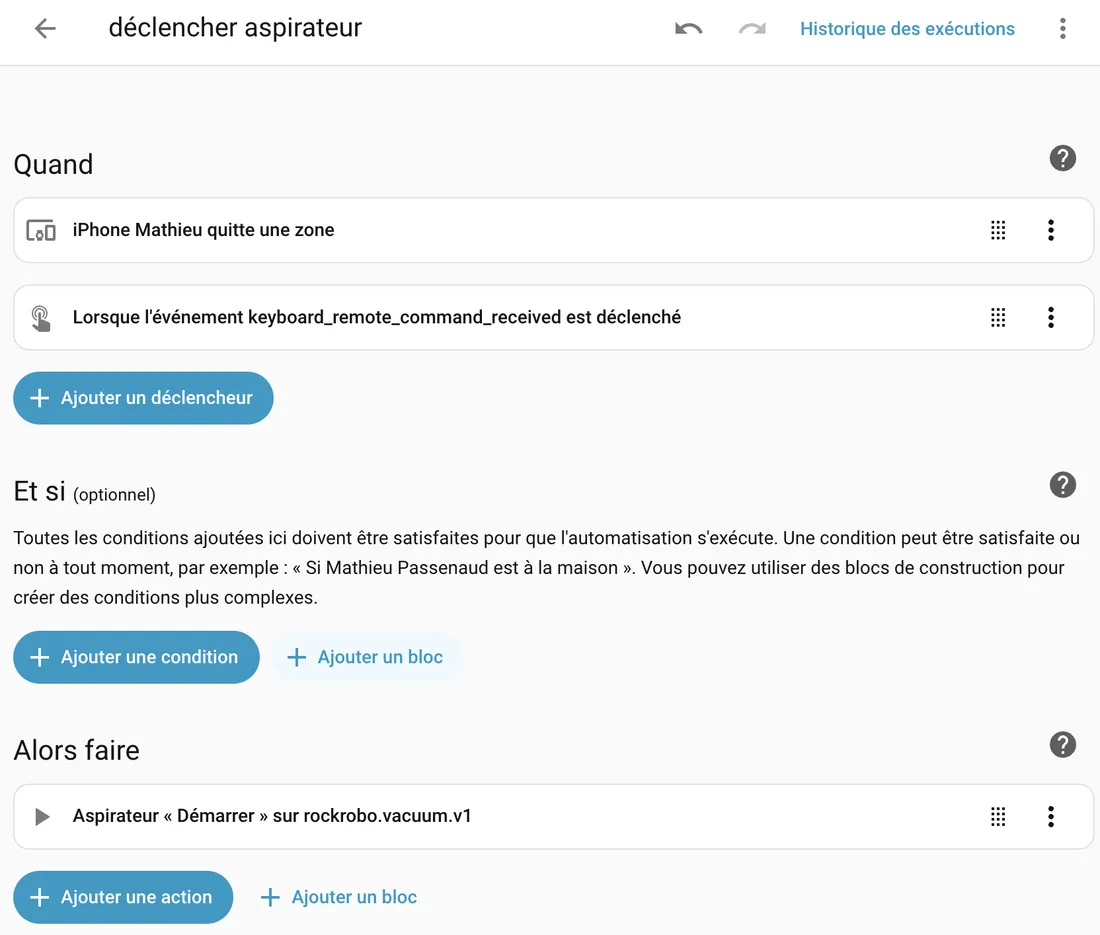 Automatisation Home Assistant « déclencher aspirateur » : quand le téléphone quitte la zone maison, démarrer l'aspirateur robot