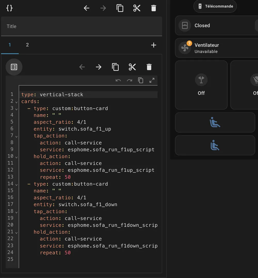 Carte Lovelace en YAML : boutons relever et baisser le canapé, appui long répété