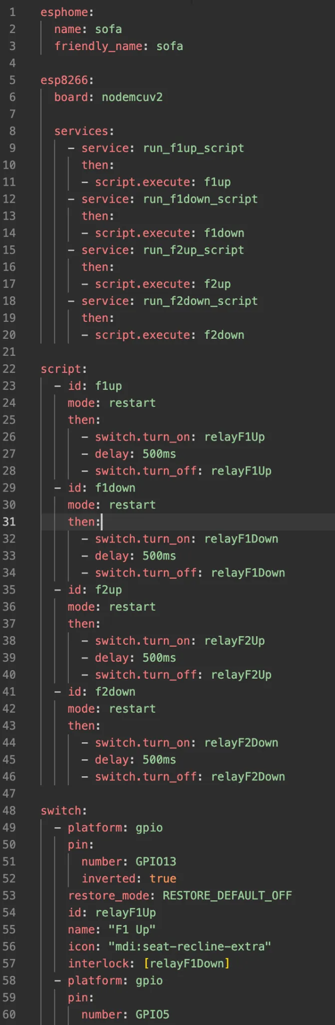 Configuration ESPHome du canapé : scripts et relais pour chaque mouvement
