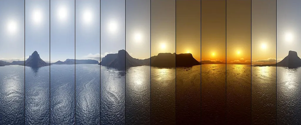 Bande de photos d'un même paysage de lac et de montagne, du bleu froid du matin à l'orange du coucher de soleil, avec la température de couleur de la lumière correspondante