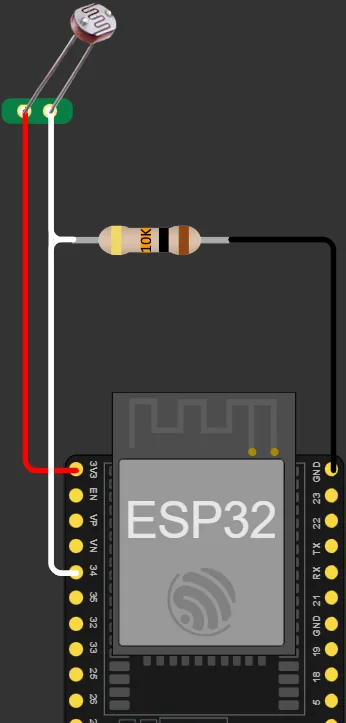 Schéma : ESP32, photorésistance et résistance de 10 kΩ en pont diviseur