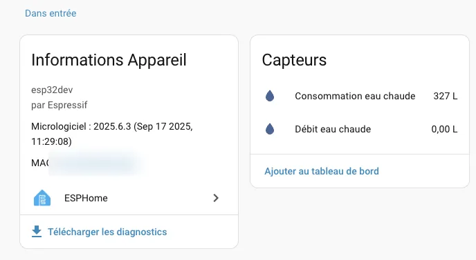 Fiche appareil ESPHome dans Home Assistant : capteurs consommation d'eau chaude 327 L et débit d'eau chaude