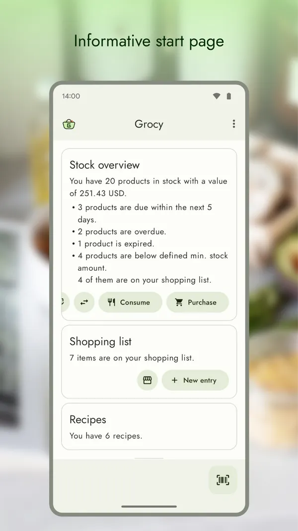 Application mobile Grocy : aperçu du stock et liste de courses