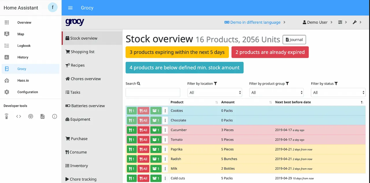 Grocy intégré à Home Assistant : aperçu du stock, produits bientôt périmés ou sous le stock minimum