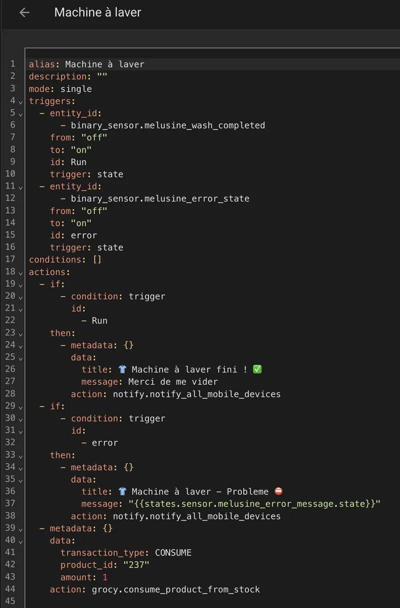 Automatisation YAML « Machine à laver » : notification de fin de cycle et décompte d'un pod dans Grocy