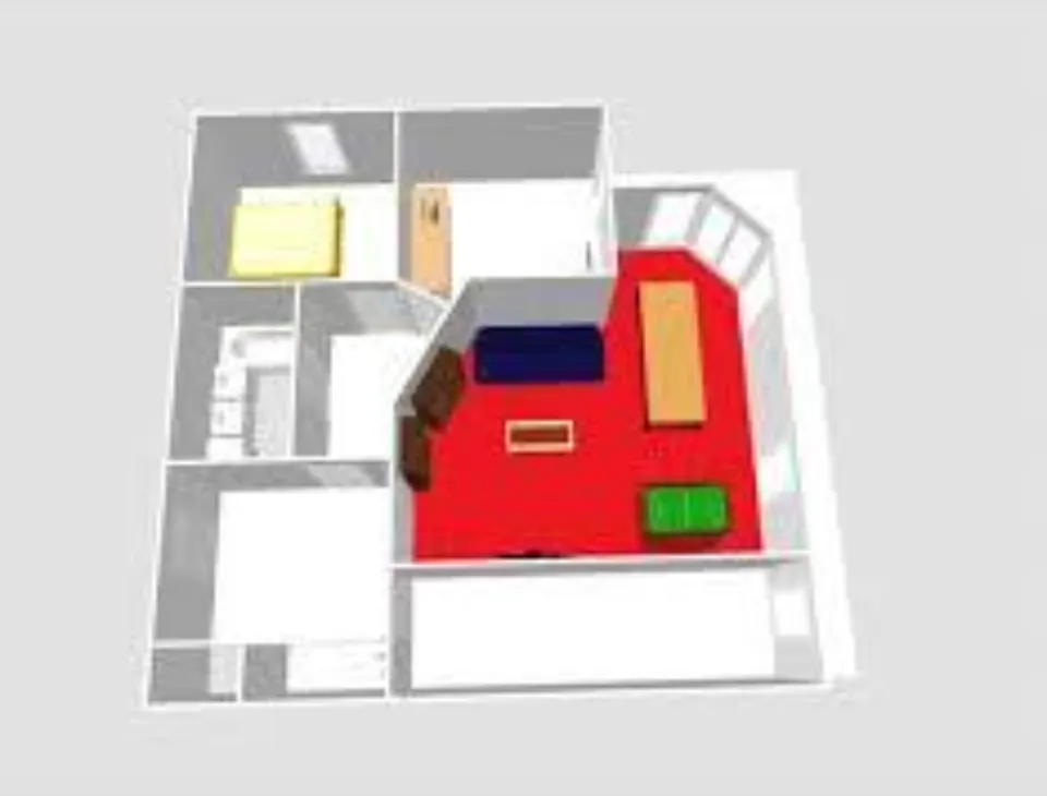 Plan 3D d'un appartement, la zone nettoyée par l'aspirateur robot colorée en rouge