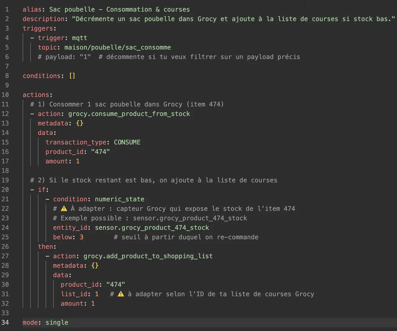 Automatisation « Sac poubelle - Consommation et courses » : sur message MQTT, consommer un sac dans Grocy, et l'ajouter à la liste de courses si le stock est bas