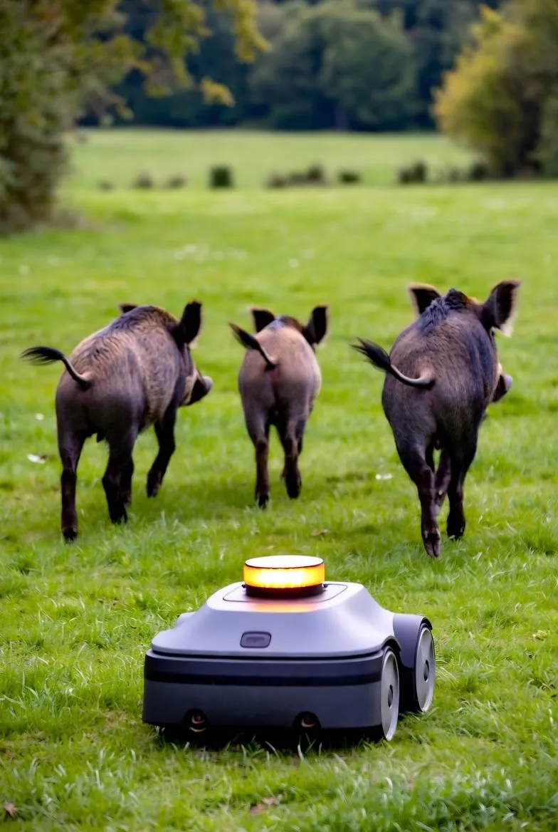 Image générée : un robot tondeuse avec gyrophare poursuit trois sangliers sur une pelouse
