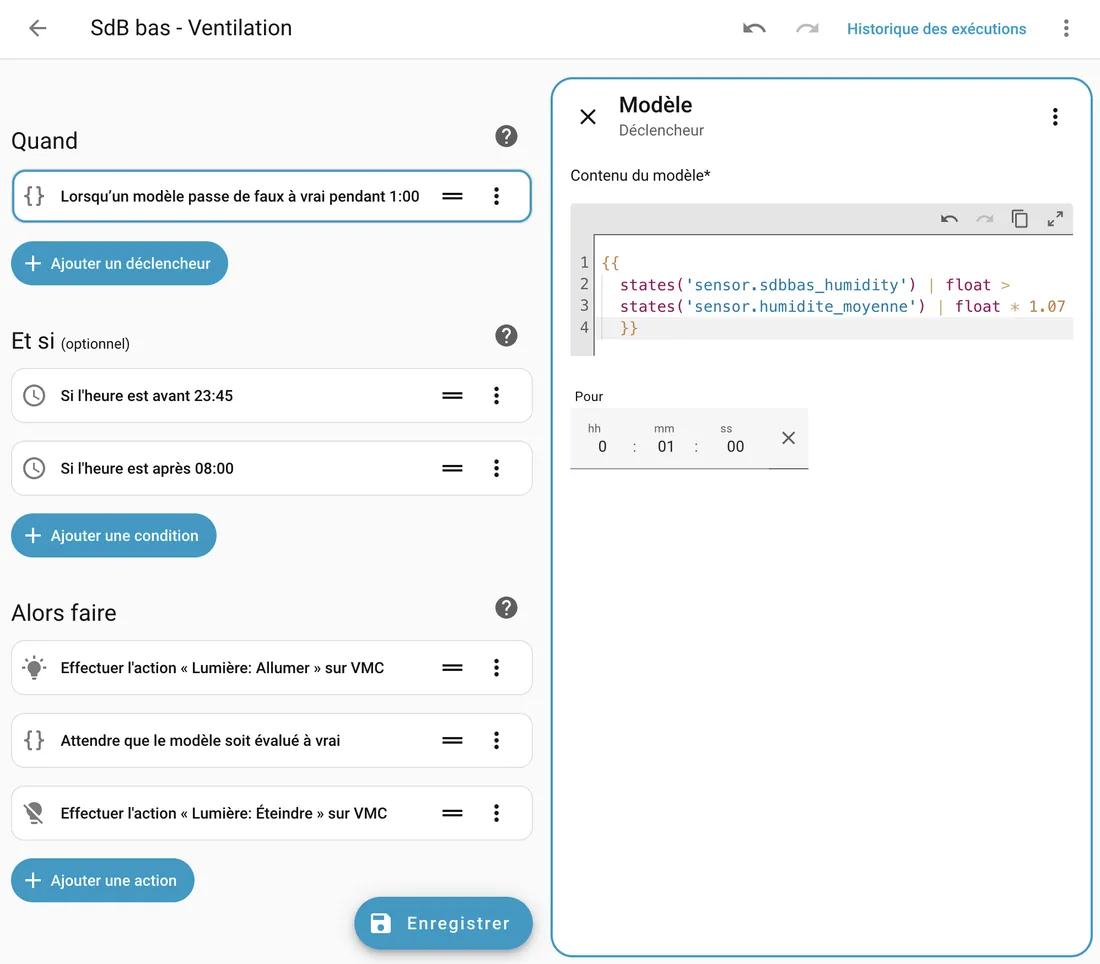 Éditeur d'automatisation Home Assistant « SdB bas - Ventilation » : déclencheur sur modèle, conditions horaires, actions allumer puis éteindre la VMC