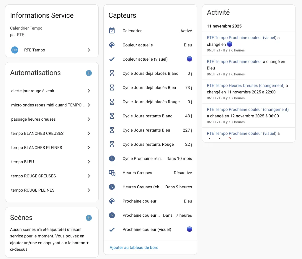 Intégration RTE Tempo dans Home Assistant : couleur du jour et du lendemain, cycles de jours restants, heures creuses, automatisations « tempo BLEU », « tempo ROUGE PLEINES »…