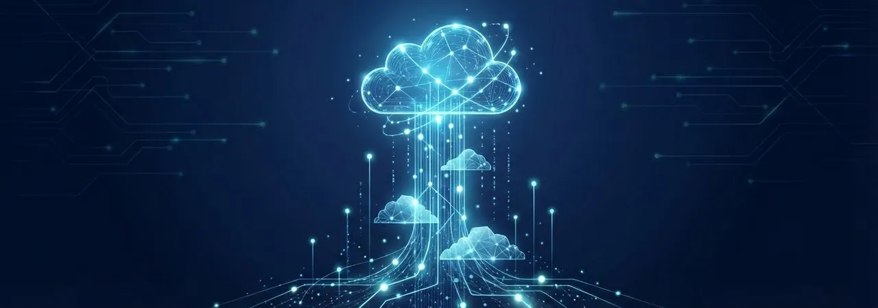Un nuage lumineux relié par des circuits à plusieurs petits nuages