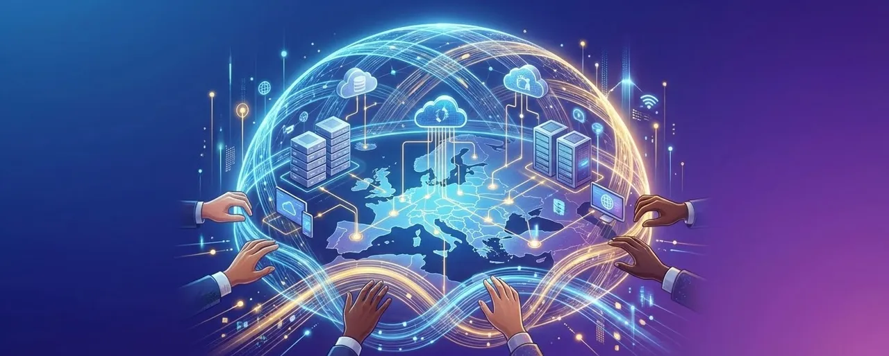 Des mains tendues autour d'un globe centré sur l'Europe, relié à des serveurs et des nuages