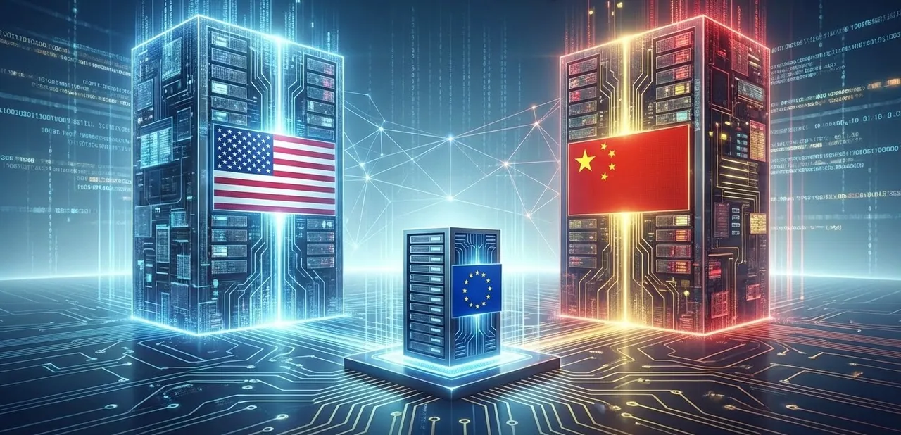 Deux grandes tours de serveurs aux couleurs des États-Unis et de la Chine, et entre elles un petit serveur aux couleurs de l'Union européenne