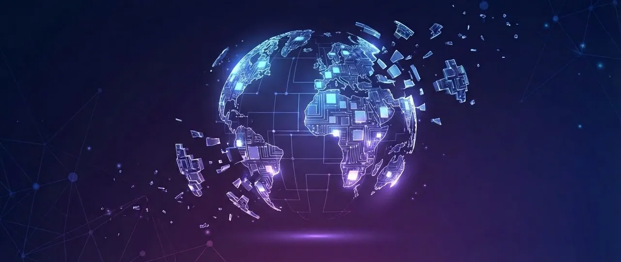 Un globe numérique dont les continents se détachent en fragments