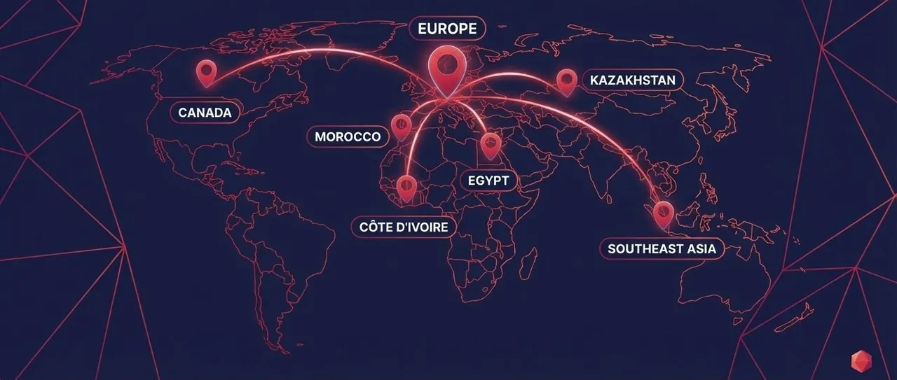 Carte du monde : depuis l'Europe, des arcs vers le Canada, le Maroc, la Côte d'Ivoire, l'Égypte, le Kazakhstan et l'Asie du Sud-Est