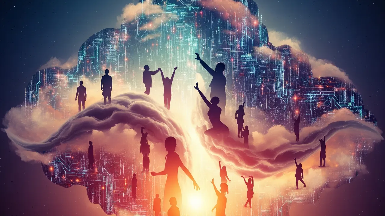 Des silhouettes humaines dans un nuage traversé de circuits lumineux