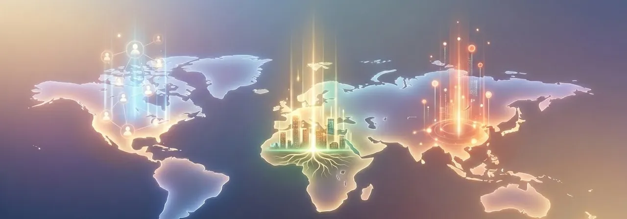 Carte du monde lumineuse avec trois foyers : un réseau de personnes sur l'Amérique du Nord, une ville enracinée en Afrique, un pôle d'innovation en Asie