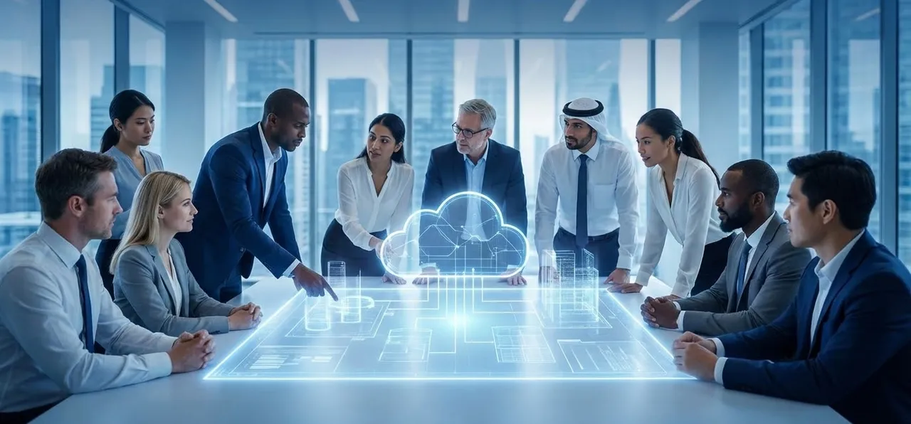 Une équipe internationale réunie autour d'une table où s'affiche le plan holographique d'une infrastructure cloud