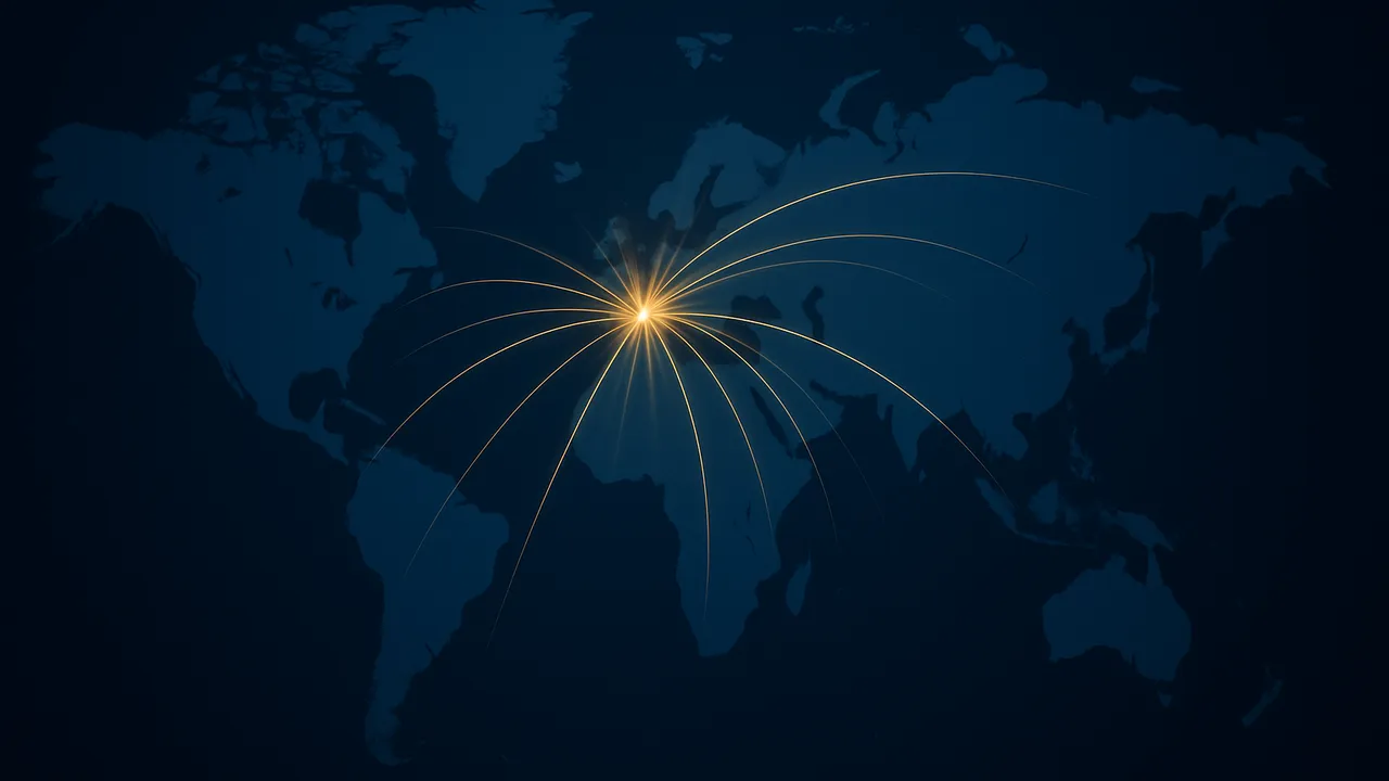 Carte du monde nocturne : des arcs dorés partent de l'Europe vers les autres continents